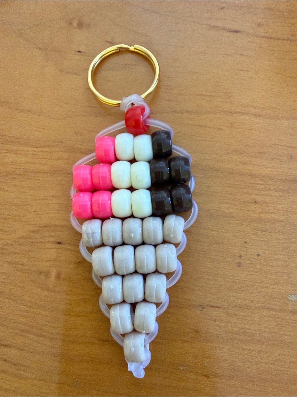Beaded Ice Cream Cone Keychain - Pink, White, Brown